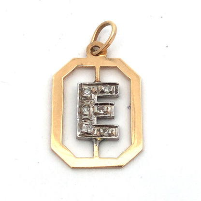 Estate 14K Yellow White Gold Round Diamond Letter Initial E Monogram Pendant
