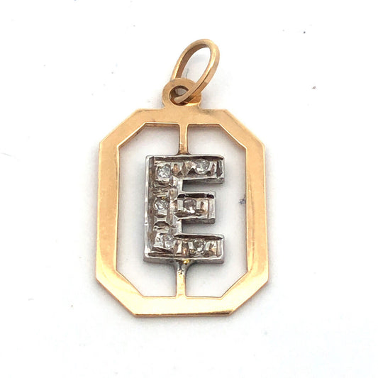 Estate 14K Yellow White Gold Round Diamond Letter Initial E Monogram Pendant
