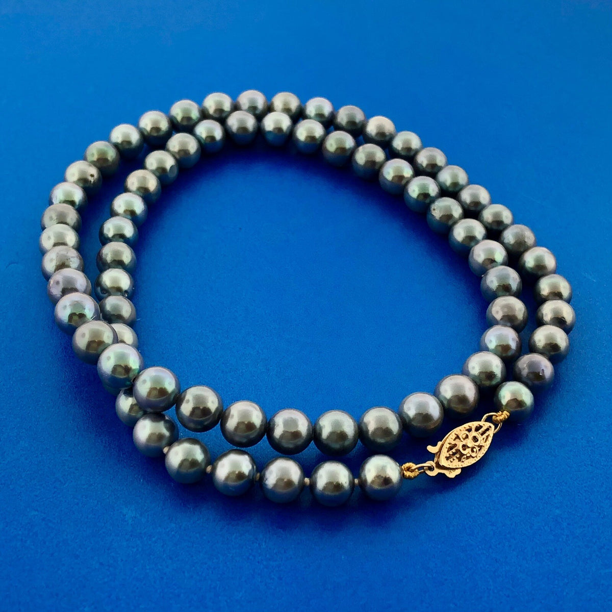 Retro 10K Yellow Gold Gray Peacock Pearl Wedding Bridal Pearl Necklace