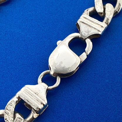 Retro 925 Sterling Silver Polished Florentine Textured Figaro Link Bracelet