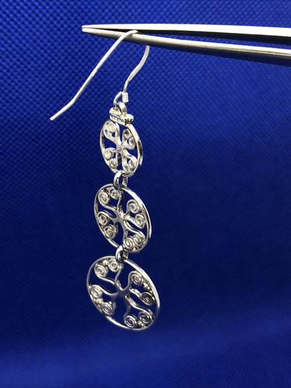 Designer BA 925 Sterling Silver Filigree Scroll Flat Round Dangle Hook Earrings