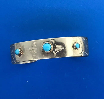 Vintage Childs Silver Tone Faux Turquoise Storyteller Etched Cuff Bracelet