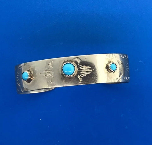 Vintage Childs Silver Tone Faux Turquoise Storyteller Etched Cuff Bracelet