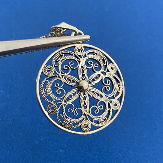 Vintage 835 Fine Silver Bead Scroll Floral Filigree Medallion Necklace