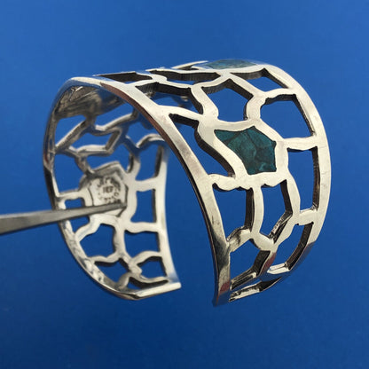 Vintage Taxco TE-01 925 Sterling Silver Turquoise Inlay Open Work Cuff Bracelet