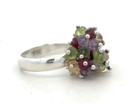 Designer 925 Sterling Silver Beaded Multi-Gemstone Cluster Dome Ring