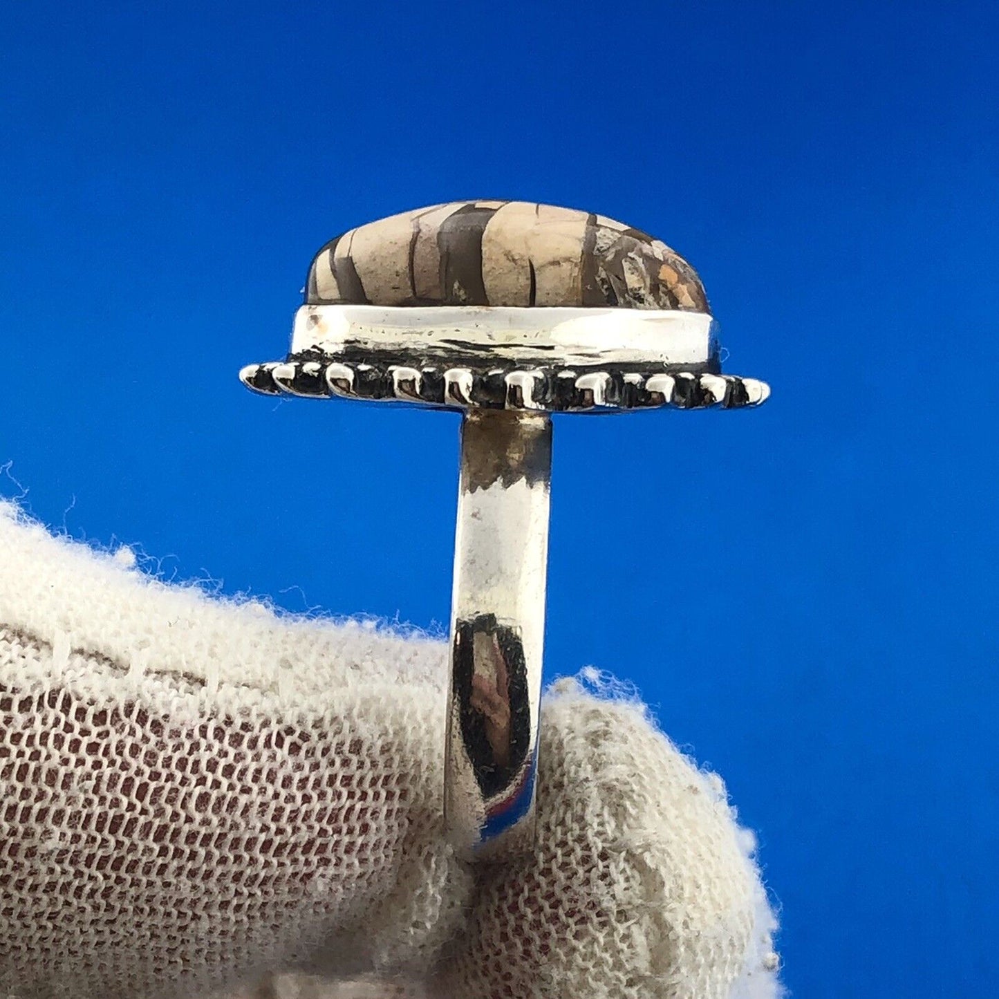 Vintage 925 Sterling Silver Oval Enamel Mosaic Jasper Inlay Statement Ring