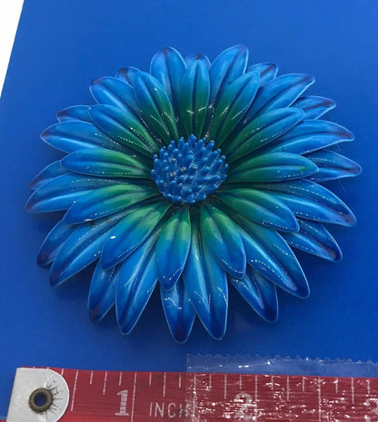 Retro Painted Metal Blue Green Daisy Mum Statement Brooch Clip Earrings Set