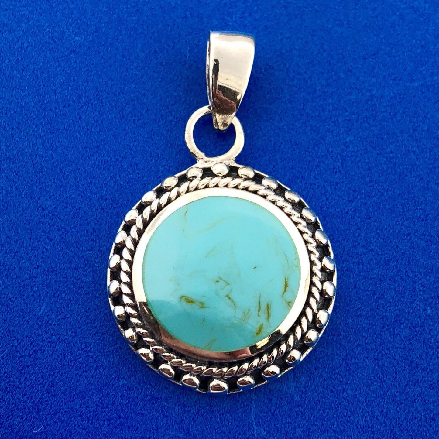 Designer 925 Sterling Silver Turquoise Art Glass Cabochon Bead Work Disc Pendant