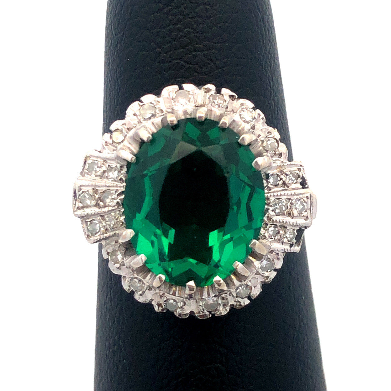 14K White Gold Green Cubic Zirconia Diamond Halo Engagement Cocktail Ring