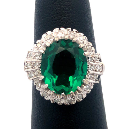 14K White Gold Green Cubic Zirconia Diamond Halo Engagement Cocktail Ring
