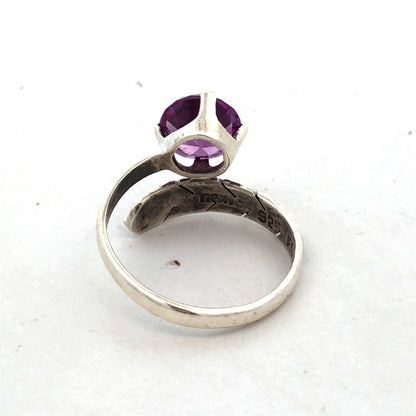 Vintage FS Mexico 925 Sterling Silver Round Purple Sapphire Feather Bypass Ring