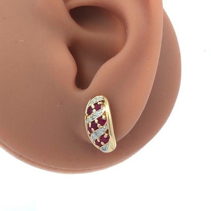 Designer 14K Yellow Gold Round Ruby Diamond Textured Oval Stud Earrings