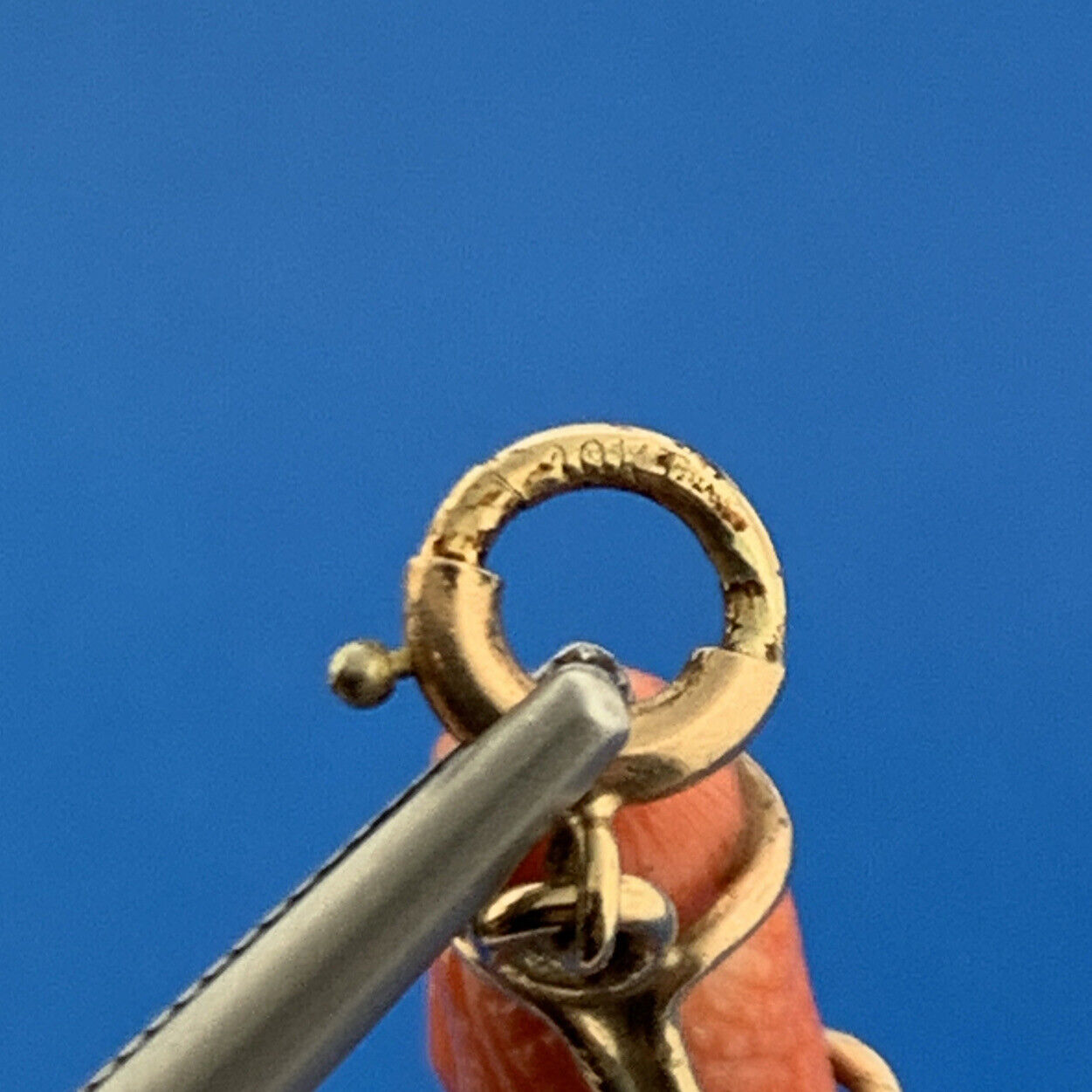 Gorgeous 10k Yellow Gold Carved Coral Chinese Eastern Wise Man Dangle Pendant