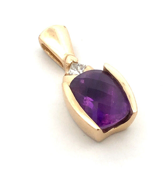 Designer GS 14K Yellow Gold Cushion Cut Amethyst Diamond Modernist Oval Pendant