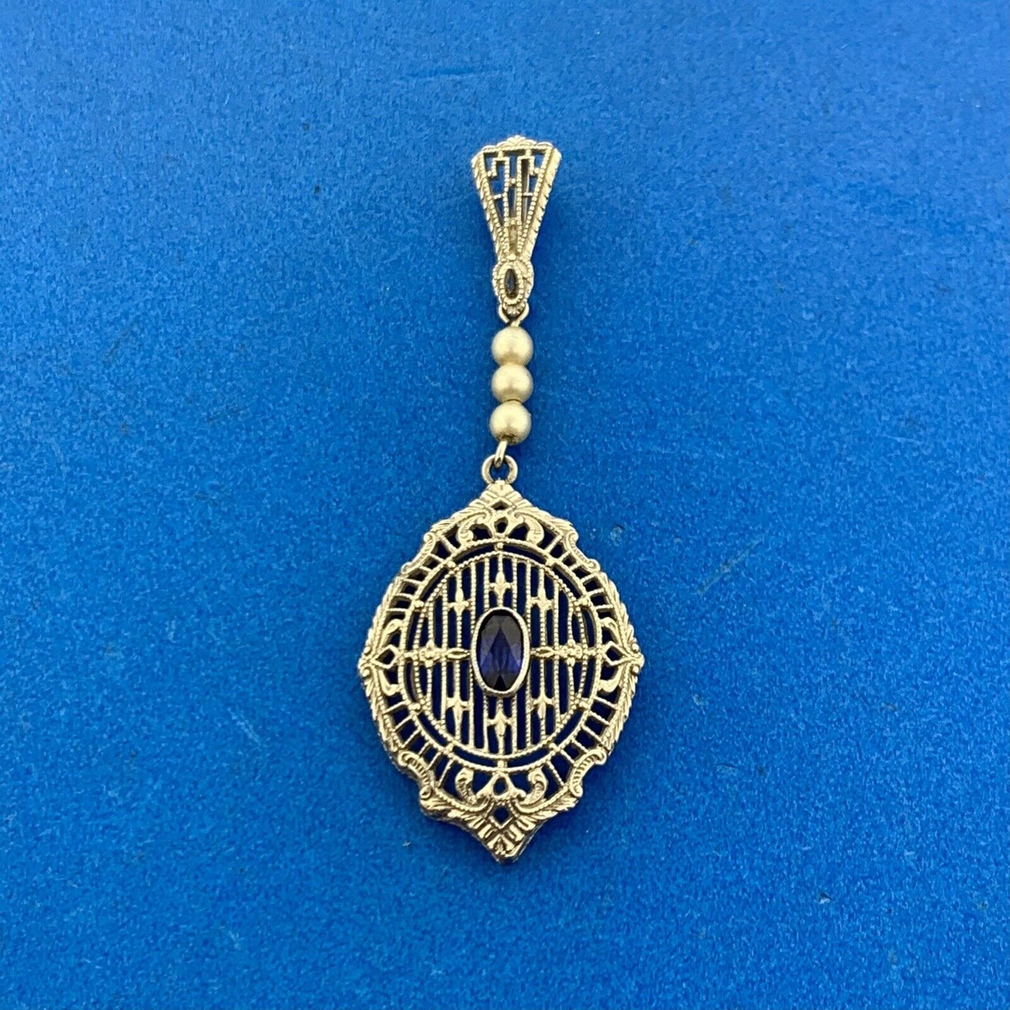 Vintage 14K White Gold Oval Blue Sapphire Seed Pearl Filigree Statement Pendant