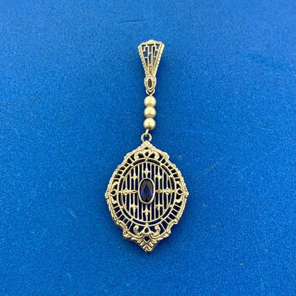 Vintage 14K White Gold Oval Blue Sapphire Seed Pearl Filigree Statement Pendant