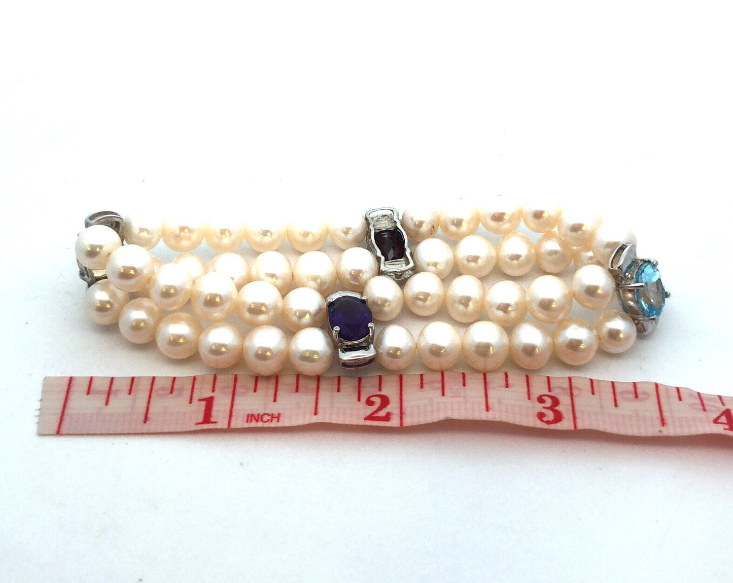 Vintage 925 Sterling Silver Blue Topaz Amethyst Garnet Pearl Beaded Bracelet