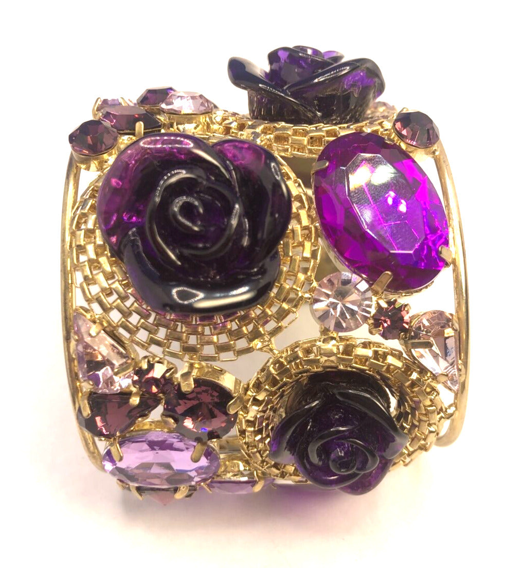 Designer Gold Tone Purple Cubic Zirconia Acrylic Statement Open Cuff Bracelet