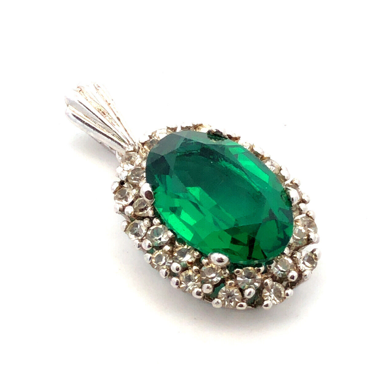 Estate 925 Sterling Silver Oval Green Round White Cubic Zirconia CZ Pendant