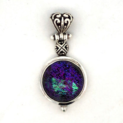 Vintage 925 Sterling Silver Round Purple Green Dichroic Glass Pendant