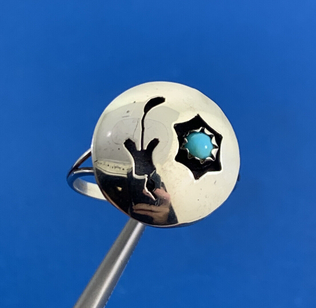 Native American Signed 925 Sterling Silver Turquoise Cabochon Storyteller Ring
