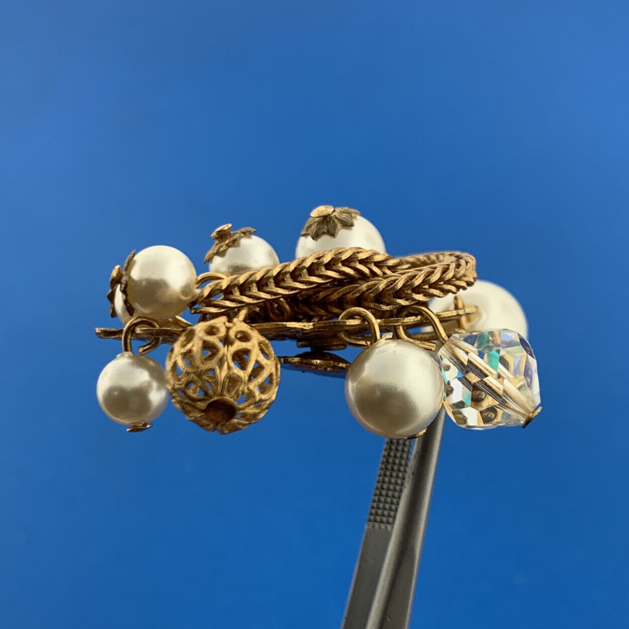 Vintage Gold Tone Faux Pearl Crystal Bead Knotted Rope Statement Clip Earrings