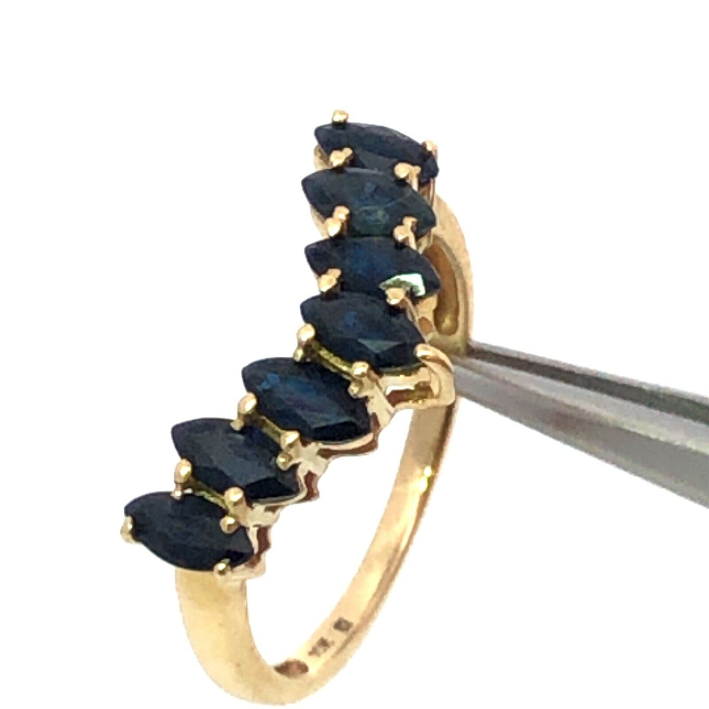 Designer 10K Yellow Gold Marquise Blue Sapphire V Shaped Anniversary Band Ring