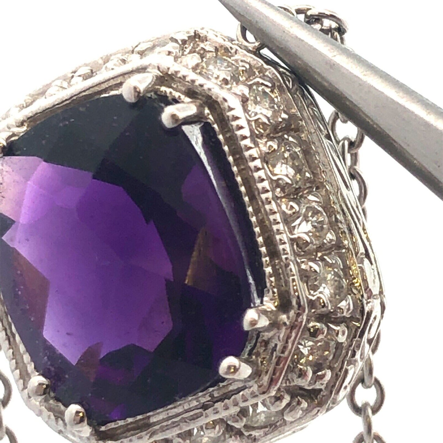 18k White Gold Faceted Purple Amethyst Diamond Accent 16.5" Chain Necklace