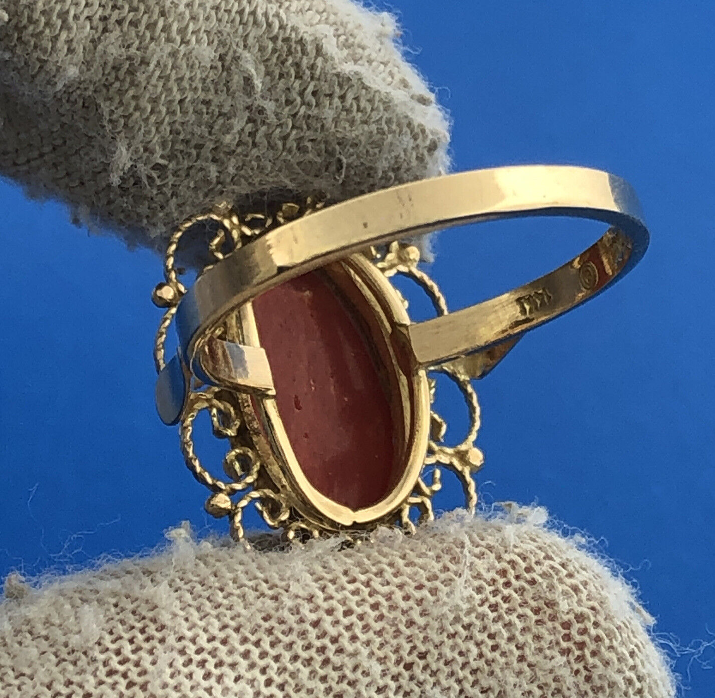 Designer 14K Yellow Gold Oval Red Coral Cabochon Filigree Cocktail Ring
