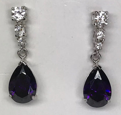 Designer Sterling Silver 925 Purple White Cubic Zirconia Statement Drop Earrings