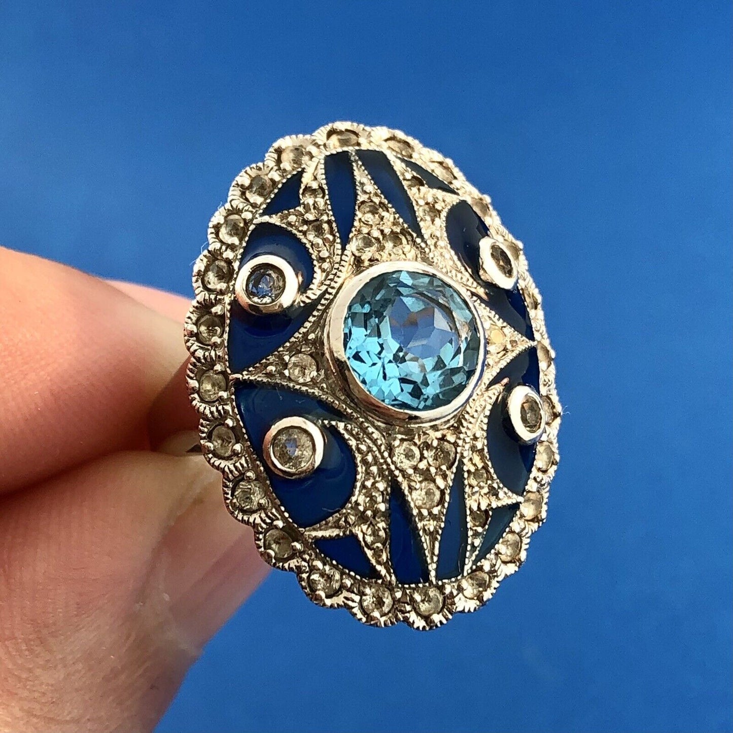 Designer Pd 925 Sterling Silver Blue Topaz White Amethyst Enamel Statement Ring