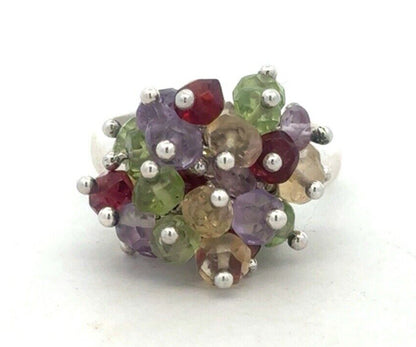 Designer 925 Sterling Silver Beaded Multi-Gemstone Cluster Dome Ring