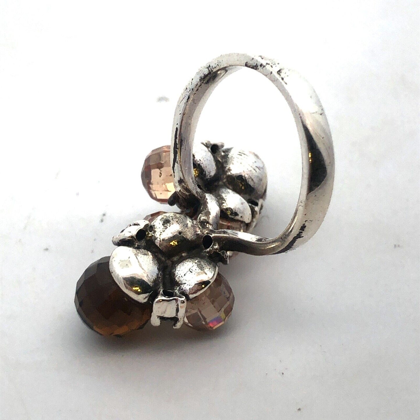 Vintage 925 Sterling Silver Faceted Brown White Cubic Zirconia Ball Cluster Ring
