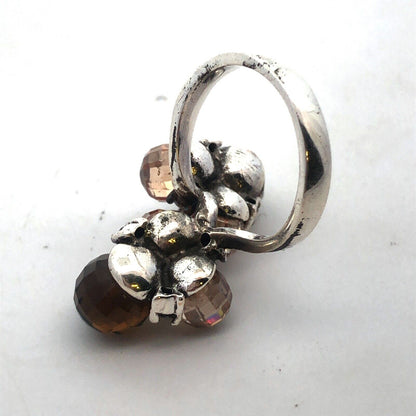 Vintage 925 Sterling Silver Faceted Brown White Cubic Zirconia Ball Cluster Ring
