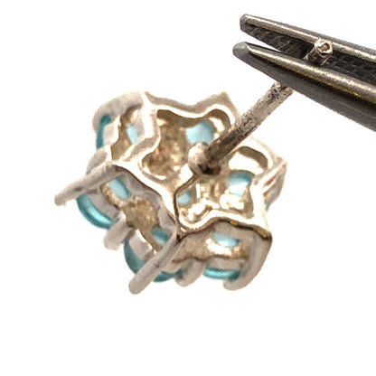 925 Sterling Silver Round Blue Cubic Zirconia CZ Flower Stud Earrings