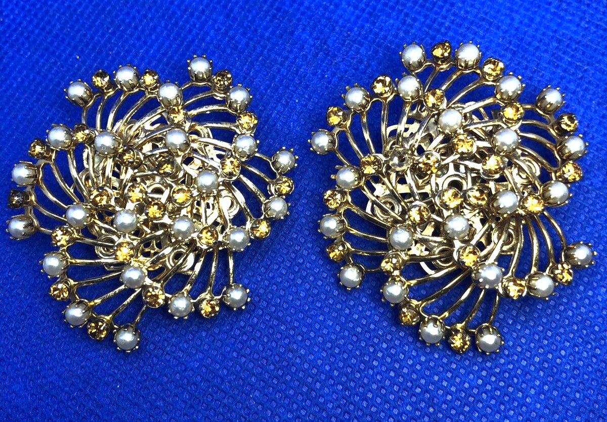 Vintage 1960's Runaway Couture Faux Pearl Rhinestone Pinwheel Statement Earrings