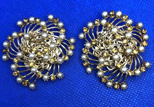 Vintage 1960's Runaway Couture Faux Pearl Rhinestone Pinwheel Statement Earrings