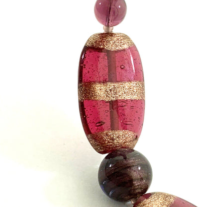 Artisan 14K Yellow Gold Amethyst Art Glass Wooden Mixed Bead Necklace