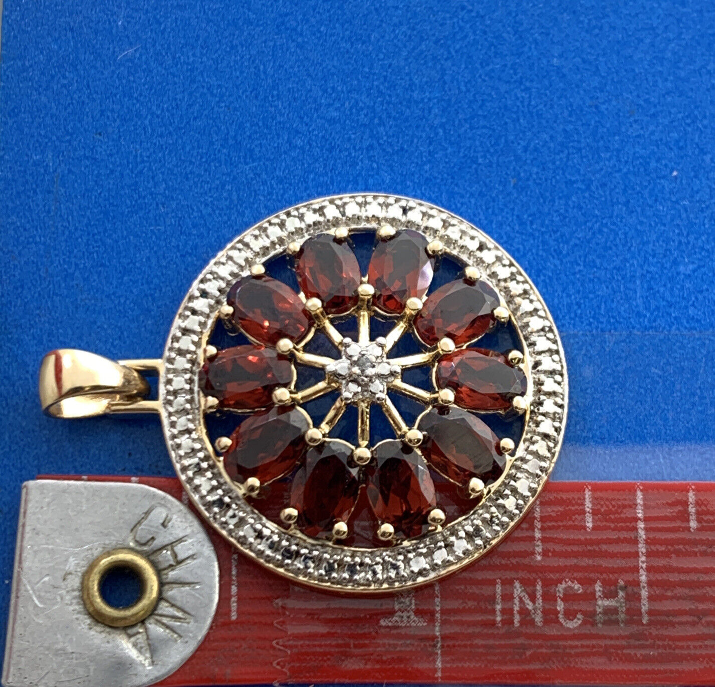 Designer Vermeil 925 Sterling Silver Oval Garnets Diamond Accent Round Pendant