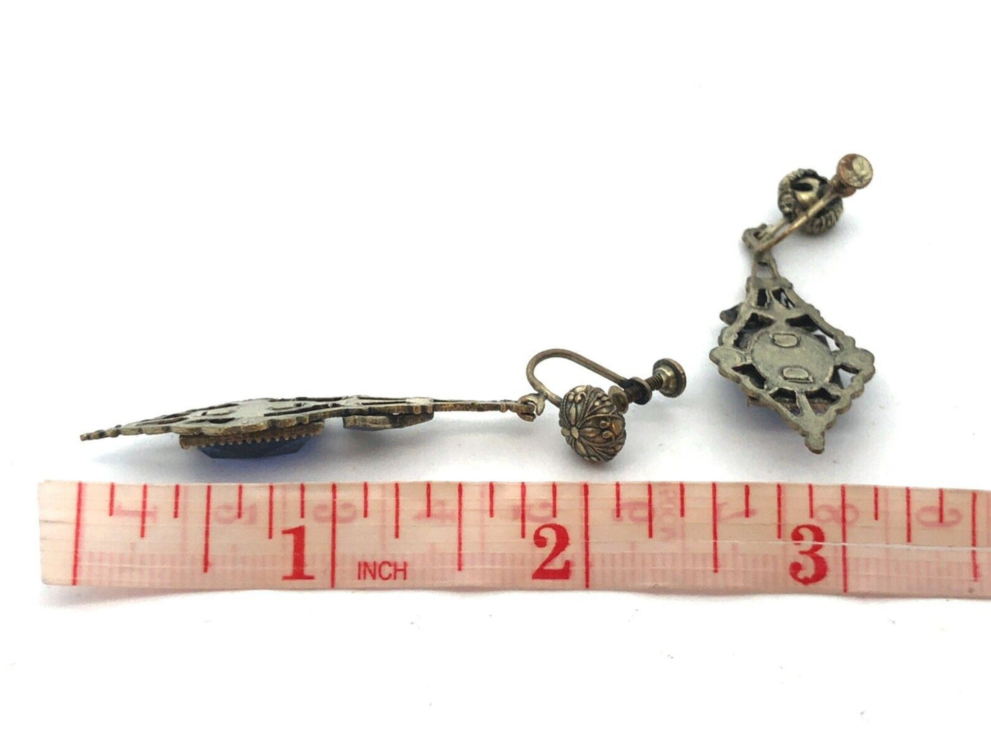 Antique Silver Tone Blue Glass Enamel Floral Scroll Dangle Screw Back Earrings