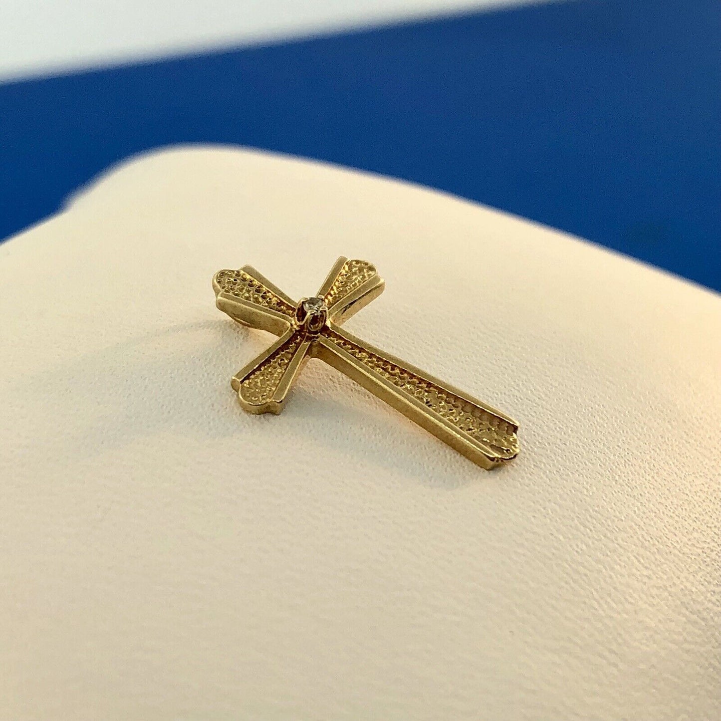 Classic 14K Yellow Gold Diamond Textured Polished Cross Easter Communion Pendant