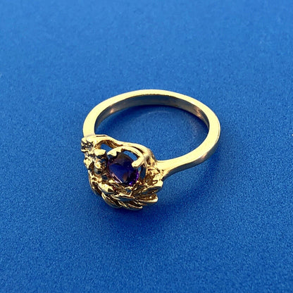 Art Deco 14K Yellow Gold Amethyst Floral Leaf Grecian February Anniversary Ring