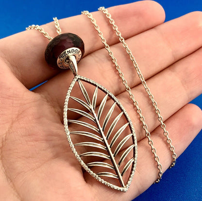 PANDORA 925 Sterling Silver CZ Light As A Feather Necklace w/Murano Glass Charm