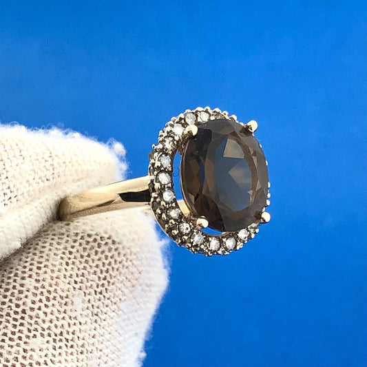 Retro Designer 14K Yellow Gold Oval Smoky Quartz Diamond Halo Cocktail Ring