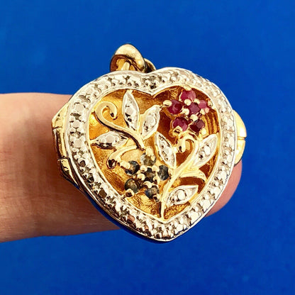 Vintage 925 Sterling Silver Vermeil Two Tone Sapphire Ruby Heart Locket Pendant