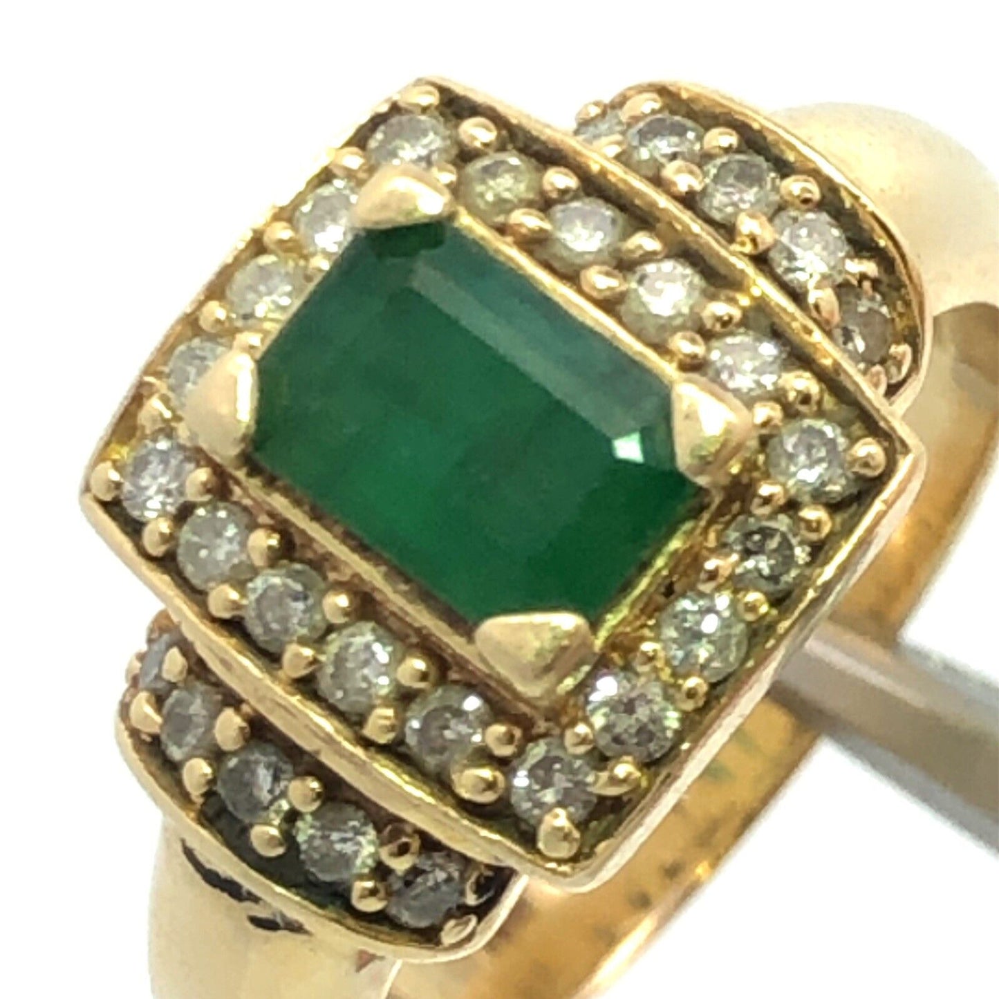 Vintage 14K Yellow Gold Emerald Diamond Halo Statement Cocktail Ring