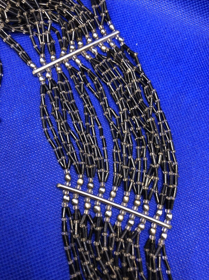 Vintage Silver Tone Black White Silver Bead Statement Cleopatra Collar Necklace