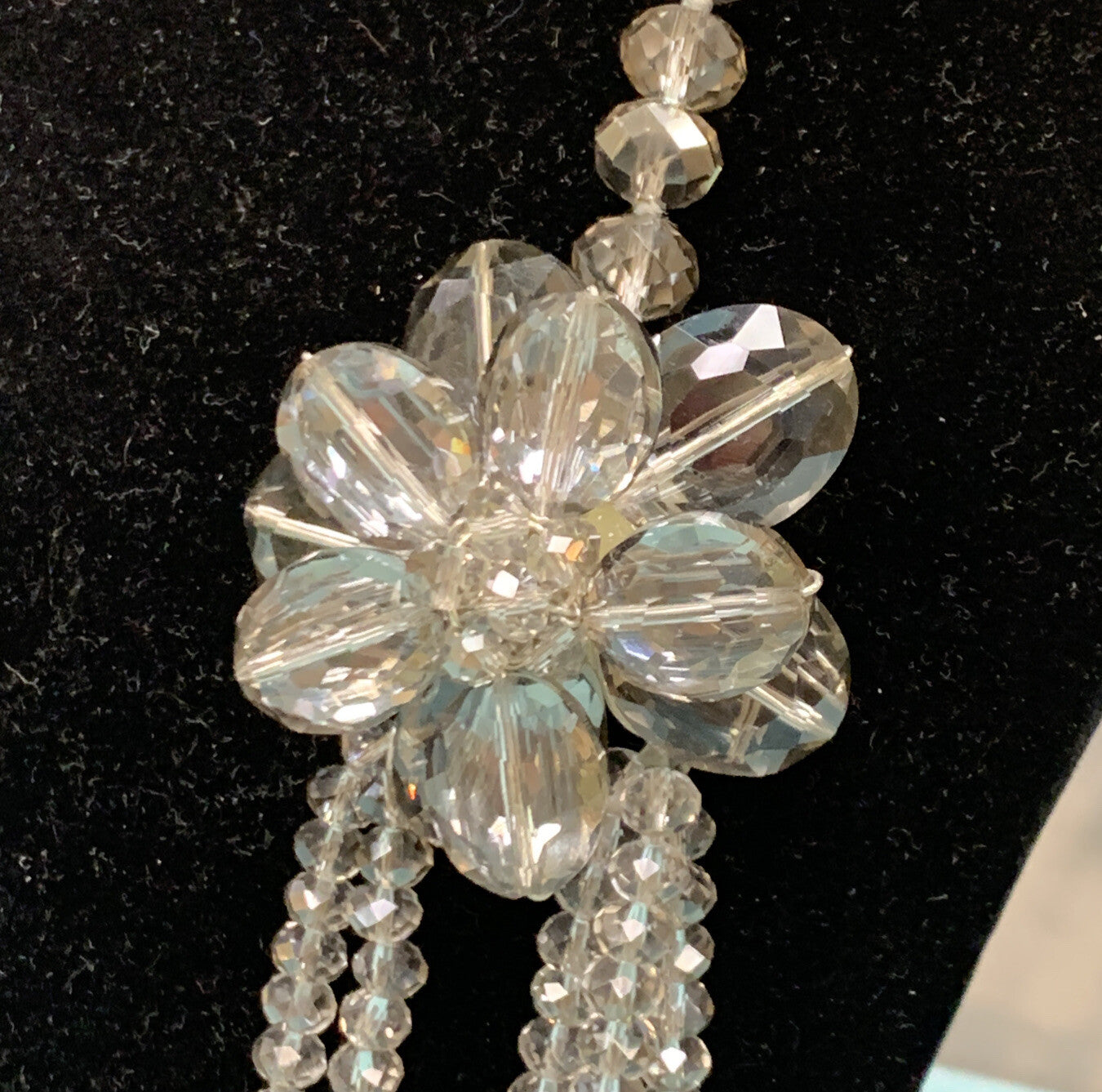 Vintage Silver Tone Roaring 20's Silver Faceted Crystal Layered Flapper Necklace