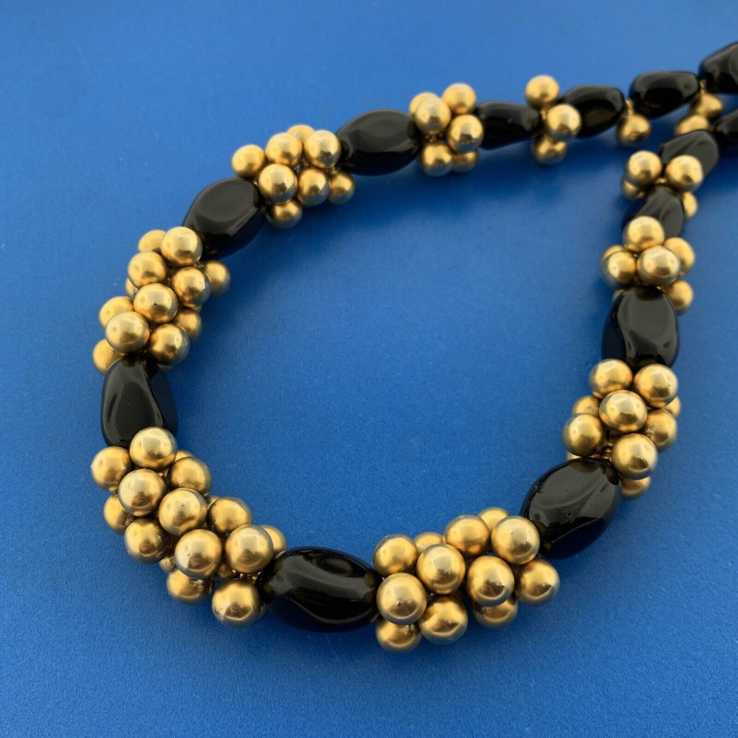 Haute Couture Runway Quality Black Onyx Gold Tone Metal Beads Statement Necklace
